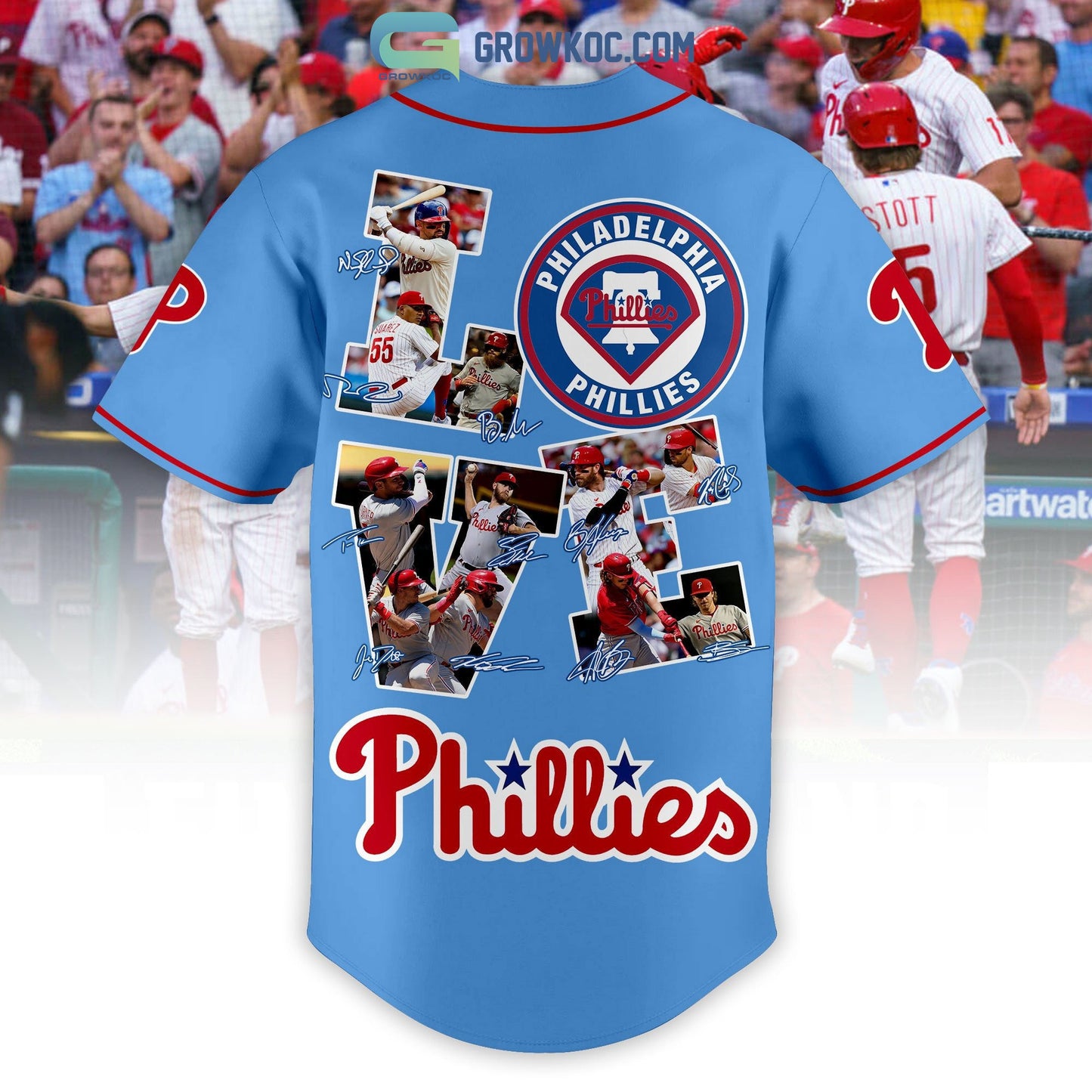 Philadelphia Phillies Love Team Light Blue Design Personalized Baseball Jersey baseball jersey product view 3