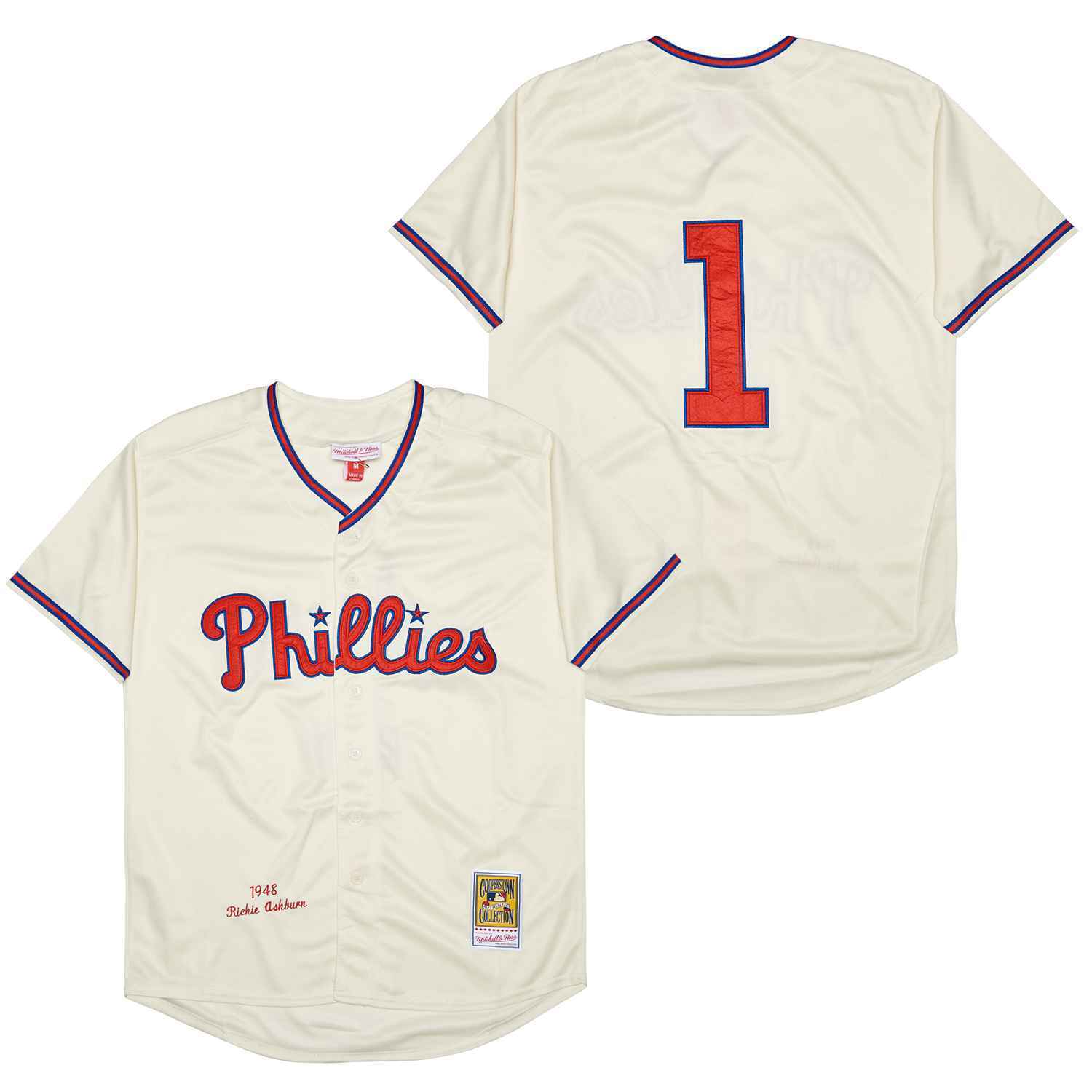 Philadelphia Phillies #1 Richie Ashburn Phillies 1 Off-White 1948 Retro Baseball Jersey baseball jersey product view 1
