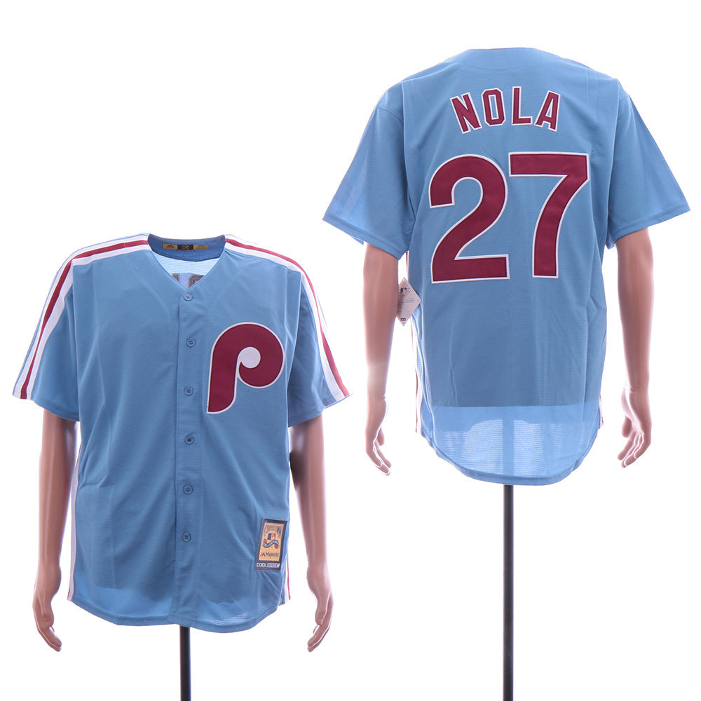 Philadelphia Phillies #27 Aaron Nola Phillies 27 Blue Fan Retro Edition Baseball Jersey baseball jersey product view 1
