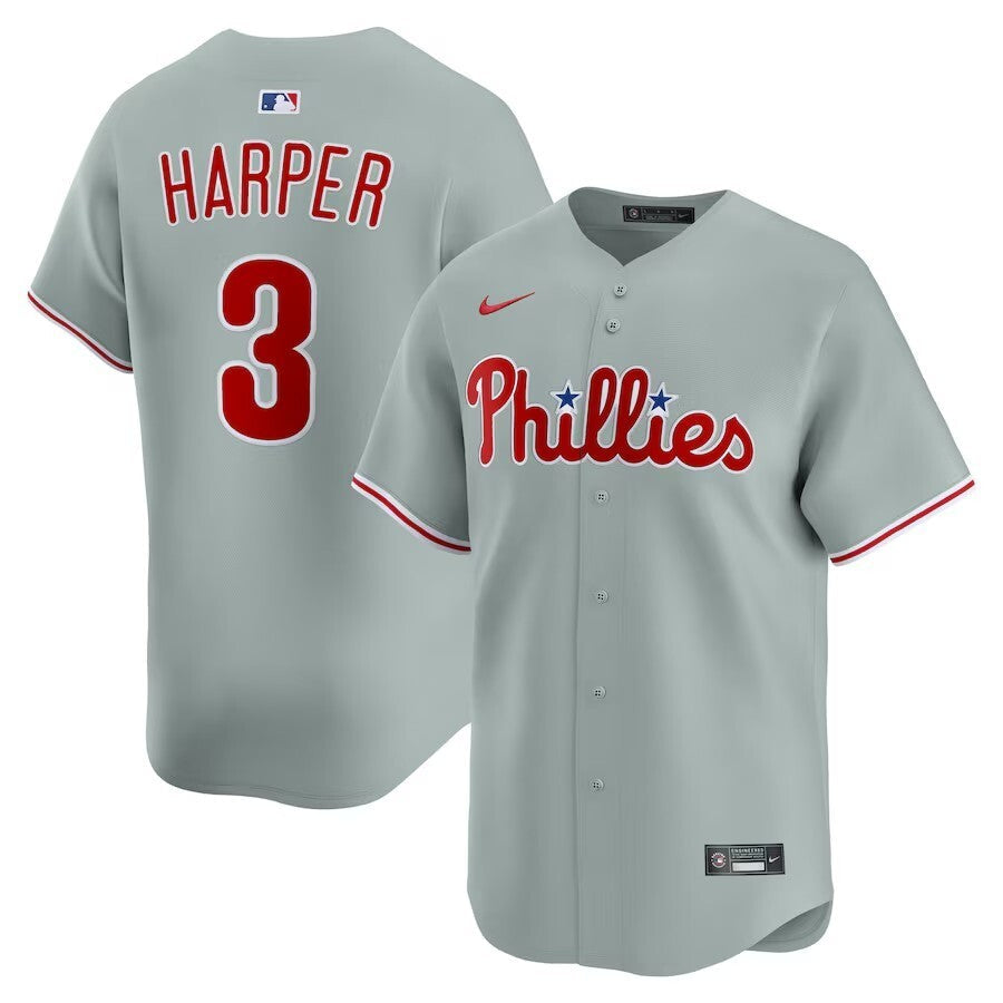 Philadelphia Phillies #3 Bryce Harper Road Limited Player Jersey - Gray Baseball Jersey baseball jersey product view 1