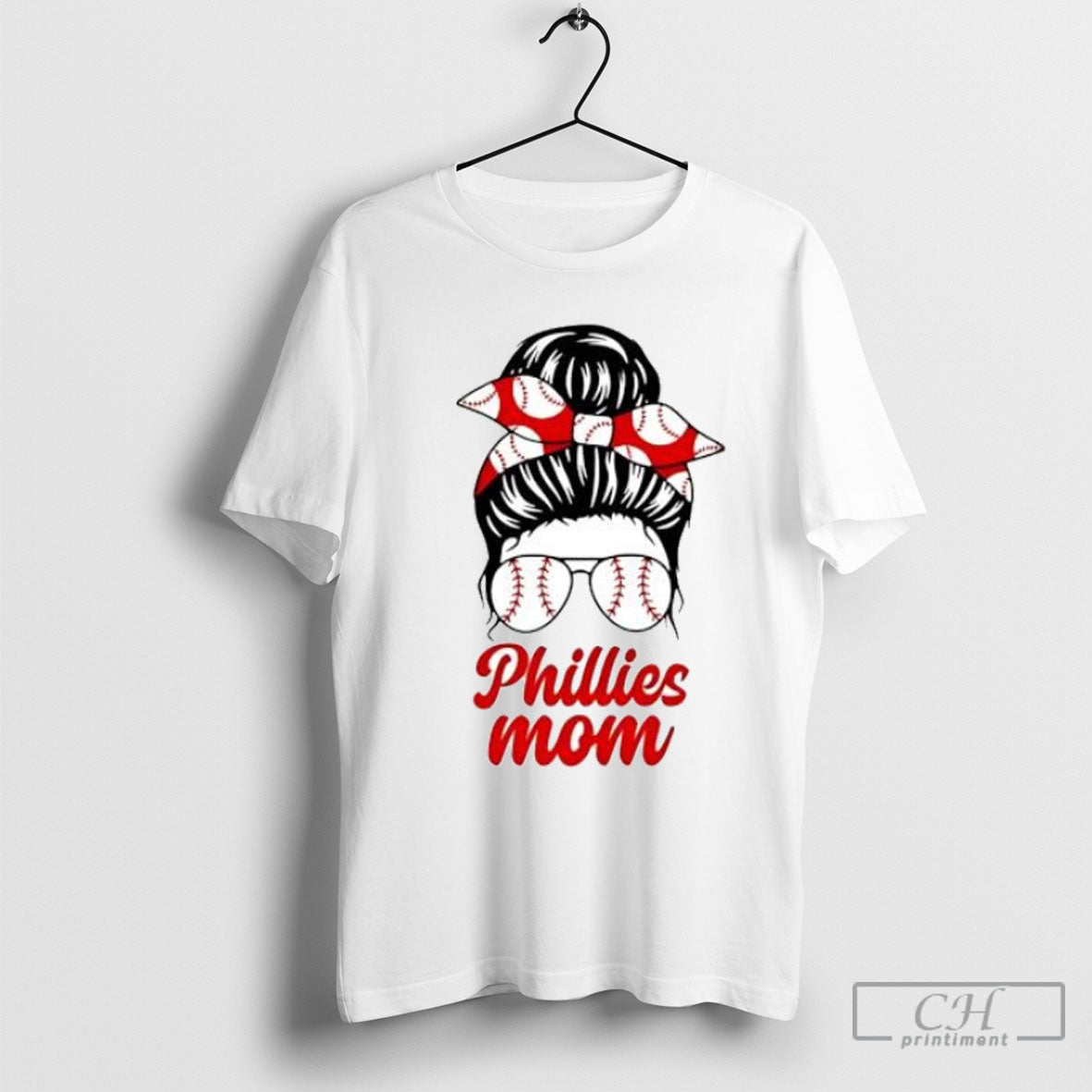 Phillies Mom Messy Bun Winking Eye Baseball Glasses Fan Posters White Shirt Unisex T-shirt, Sweatshirt, Hoodie, Long Sleeve Tee - T-Shirt, Sweatshirt, Hoodie