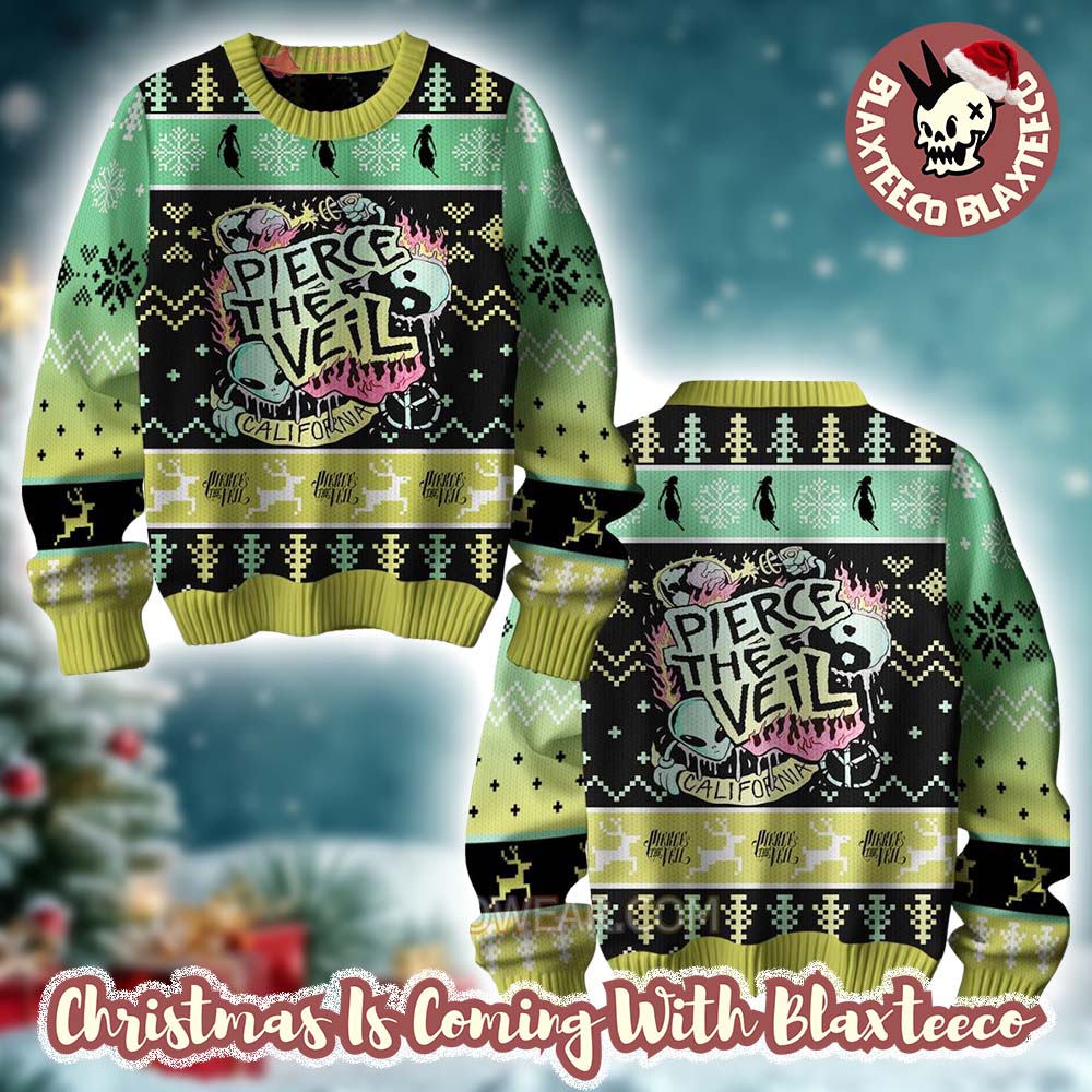 Pierce The Veil Alien California Holiday Ugly Christmas Sweater Unisex T-shirt, Sweatshirt, Hoodie, Long Sleeve Tee - T-Shirt, Sweatshirt, Hoodie