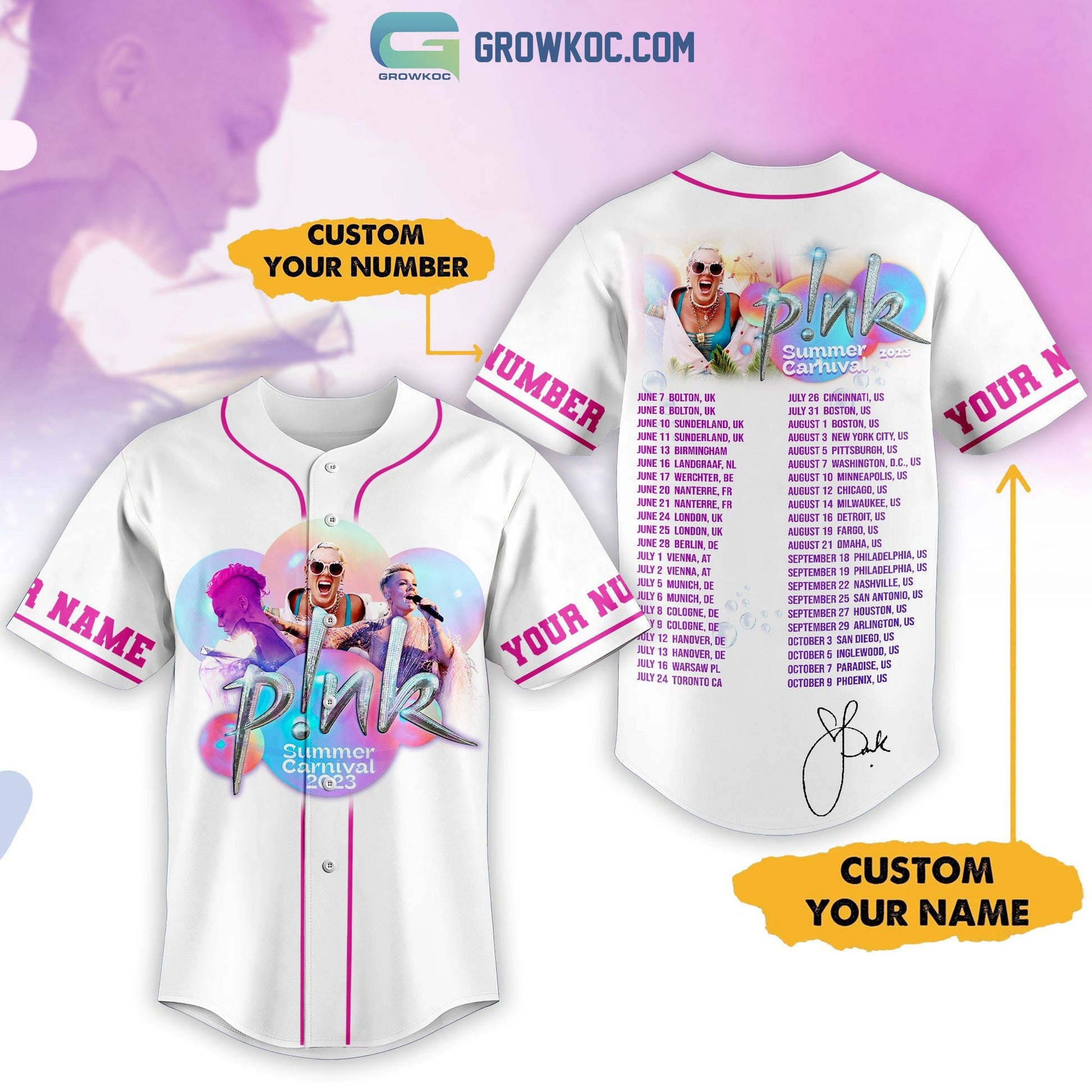 Pink Summer Carnival 2023 Tour White Design Personalized Baseball Jersey baseball jersey product view 1