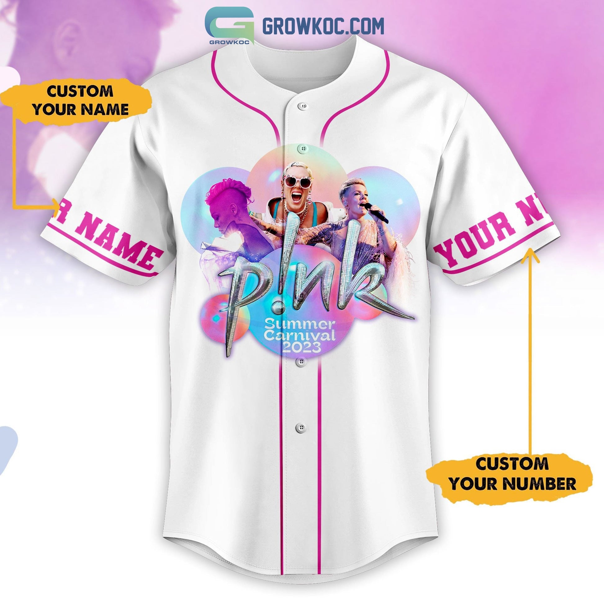 Pink Summer Carnival 2023 Tour White Design Personalized Baseball Jersey baseball jersey product view 2