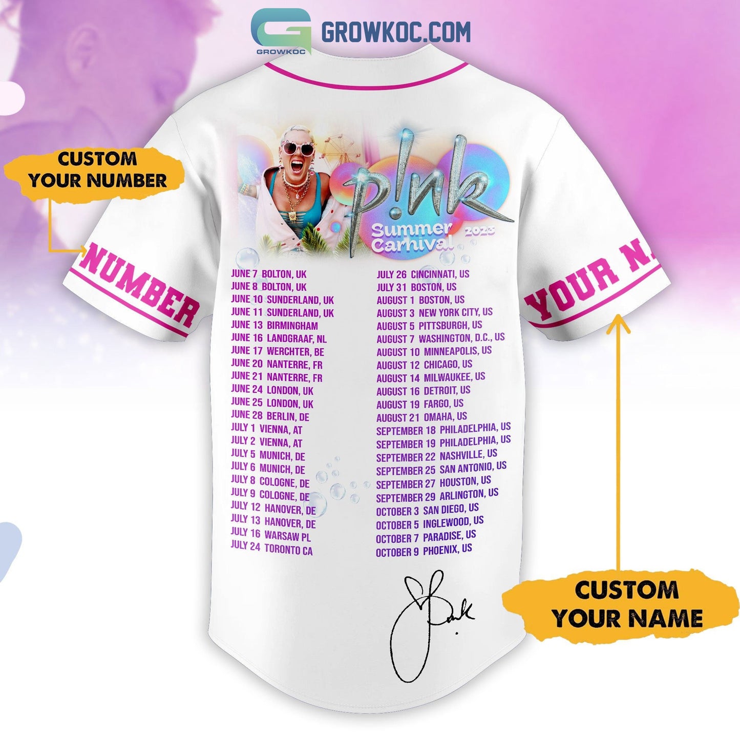 Pink Summer Carnival 2023 Tour White Design Personalized Baseball Jersey baseball jersey product view 3