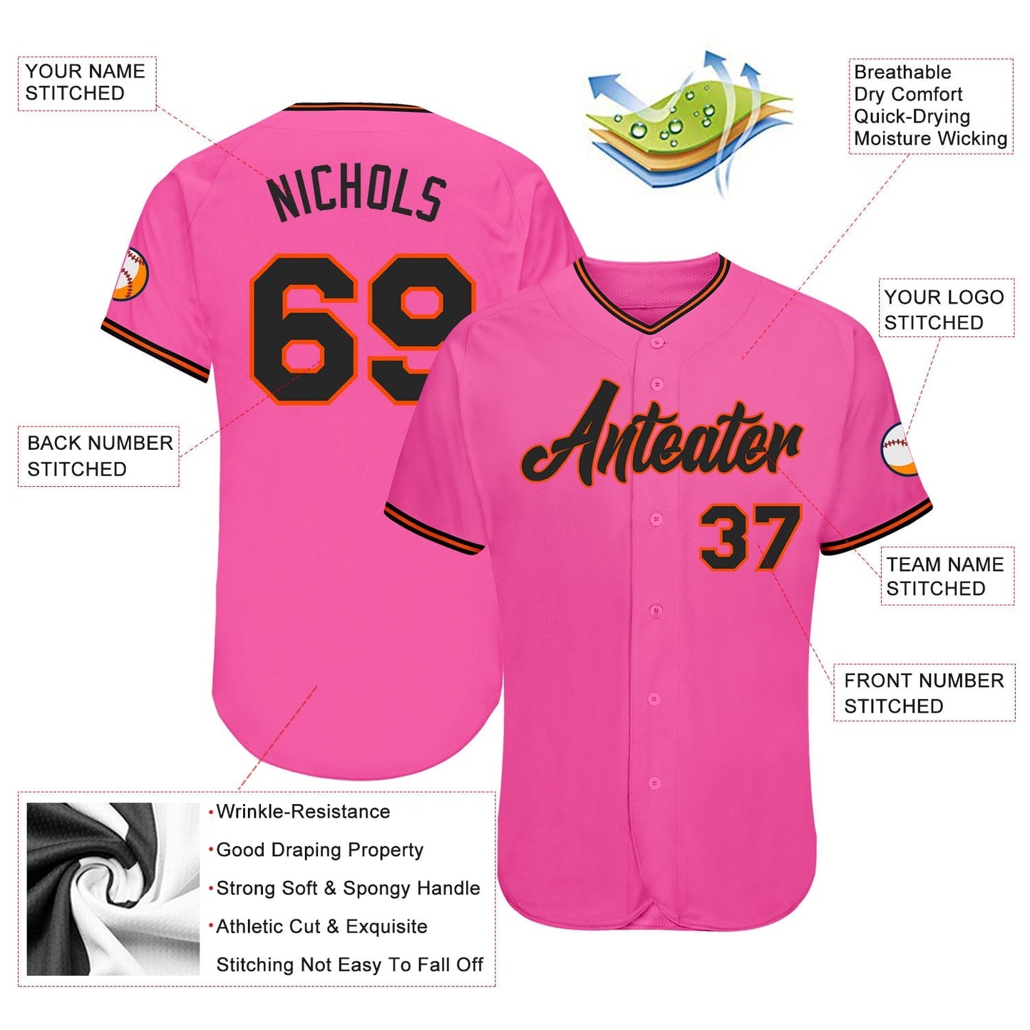 Custom Pink Black-Orange Authentic Baseball Jersey baseball jersey product view 3