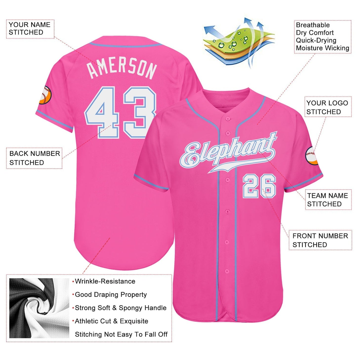 Custom Pink White-Light Blue Authentic Baseball Jersey baseball jersey product view 3