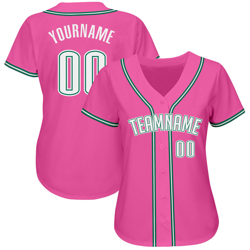 Custom Pink White-Kelly Green Authentic Baseball Jersey baseball jersey product view 2