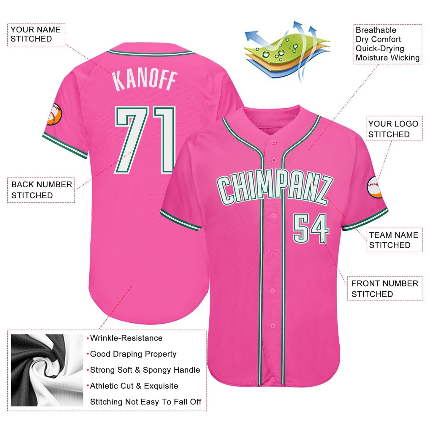 Custom Pink White-Kelly Green Authentic Baseball Jersey baseball jersey product view 3