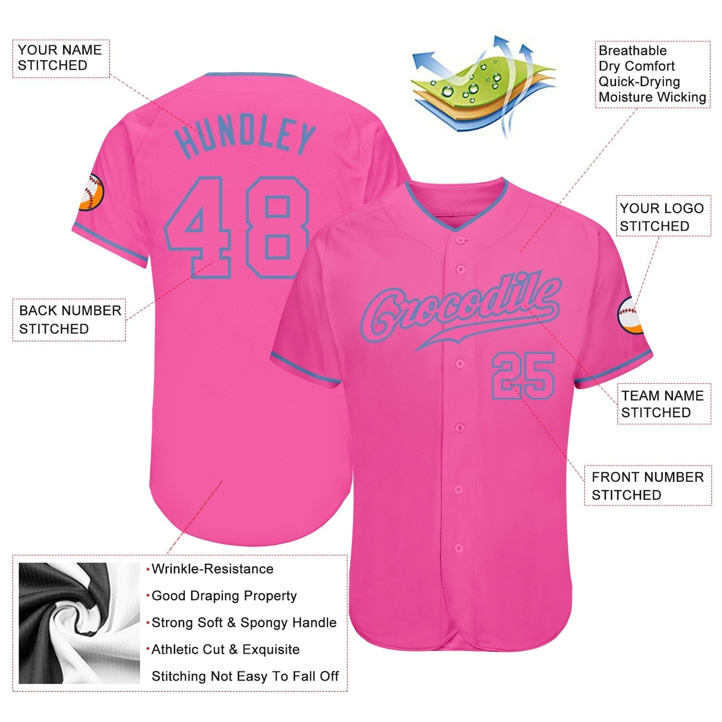 Custom Pink Pink-Light Blue Authentic Baseball Jersey baseball jersey product view 3