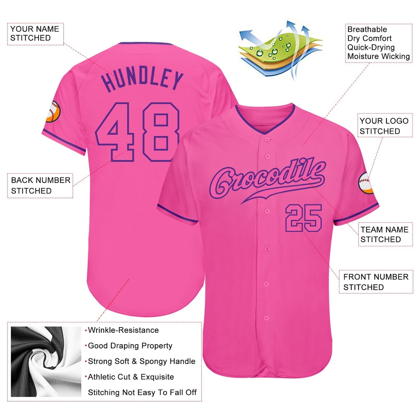 Custom Pink Pink-Purple Authentic Baseball Jersey baseball jersey product view 3