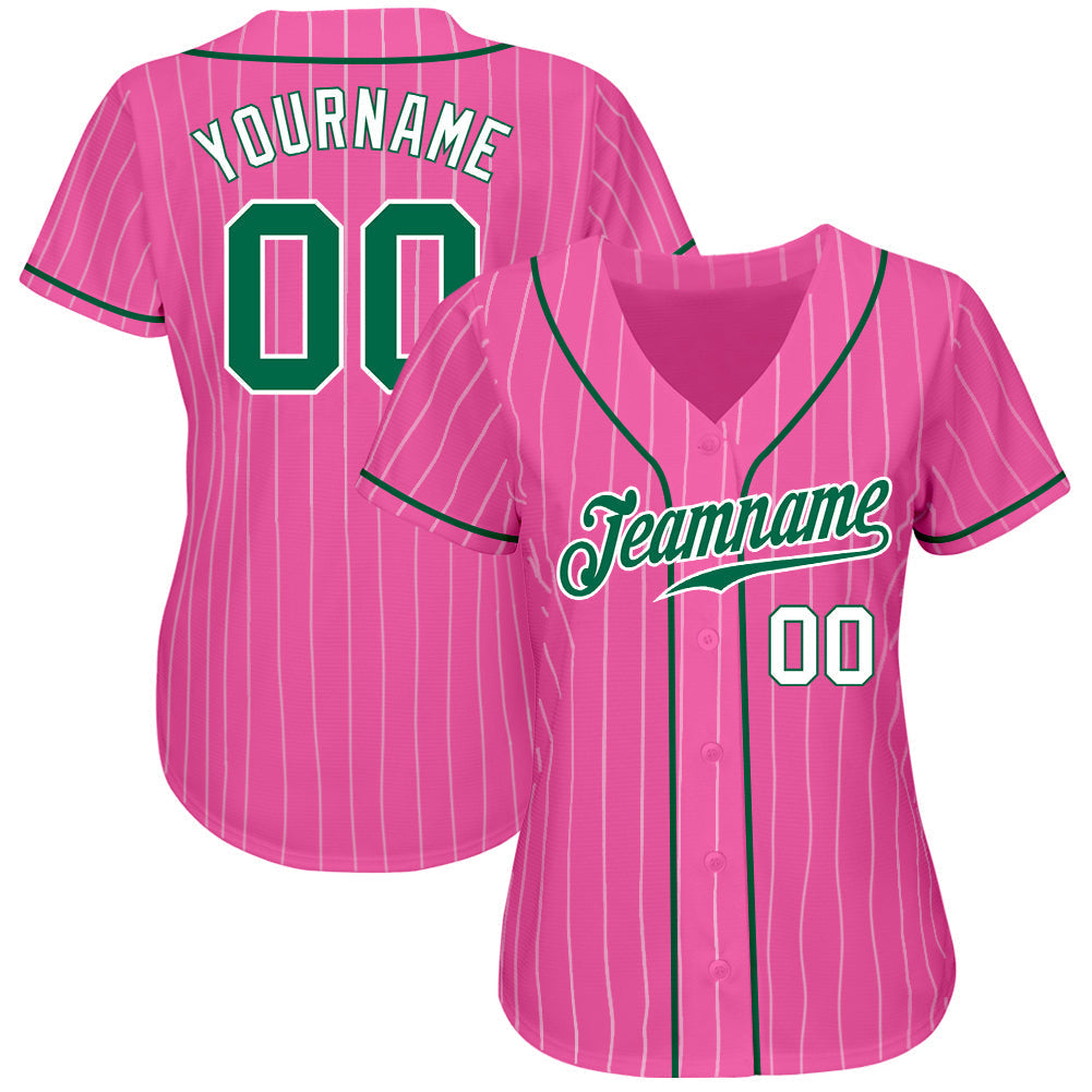 Custom Pink White Pinstripe Kelly Green-White Authentic Baseball Jersey baseball jersey product view 2