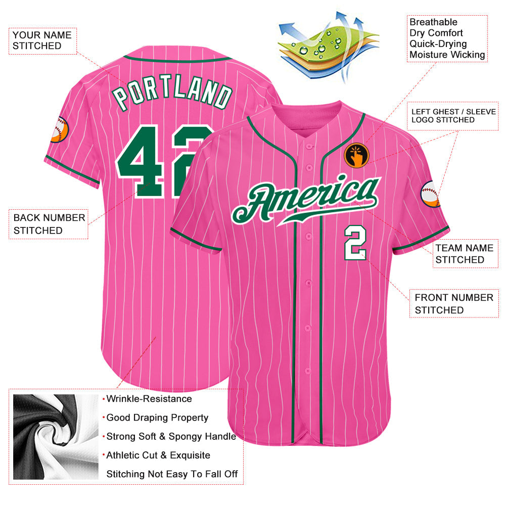 Custom Pink White Pinstripe Kelly Green-White Authentic Baseball Jersey baseball jersey product view 3