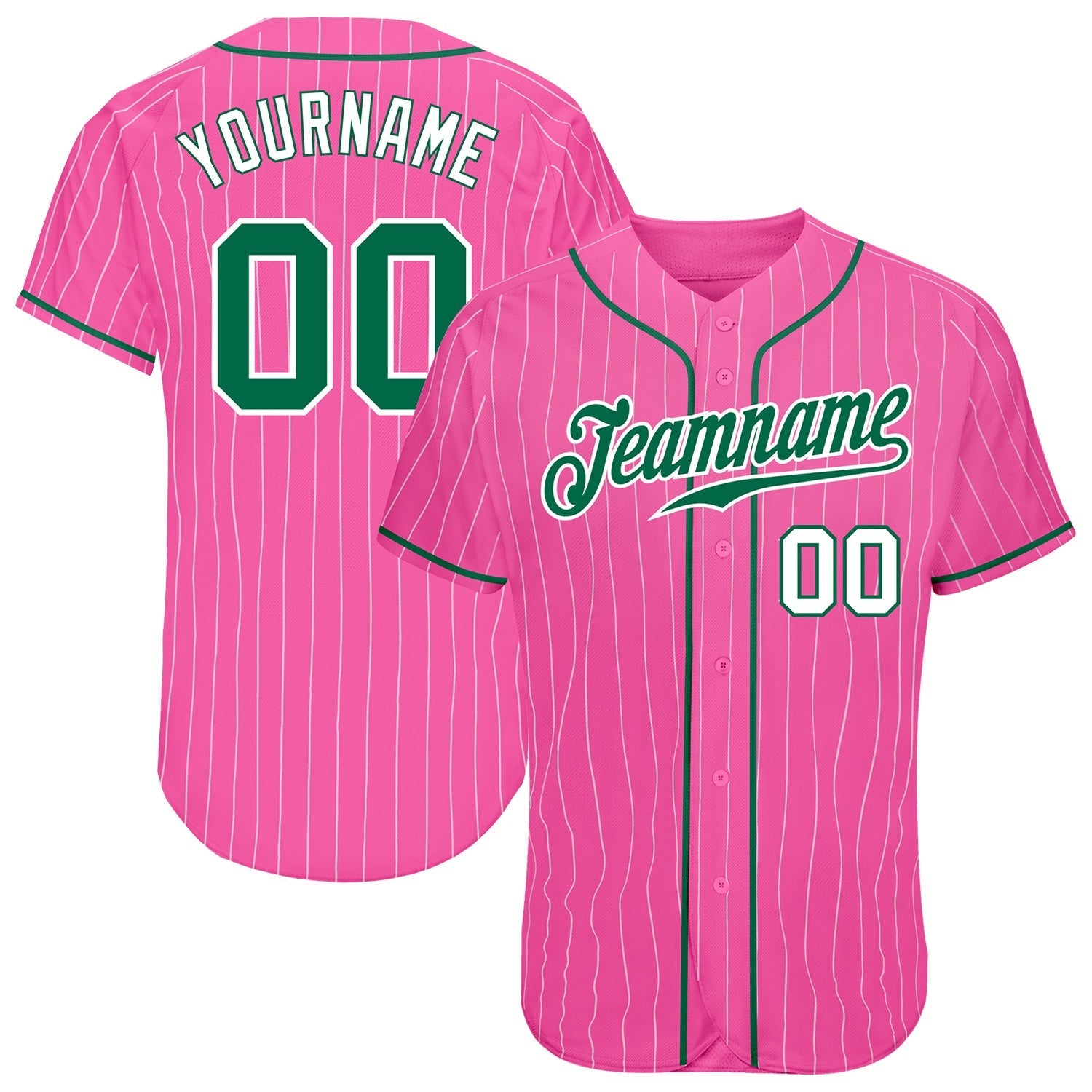 Custom Pink White Pinstripe Kelly Green-White Authentic Baseball Jersey baseball jersey product view 1