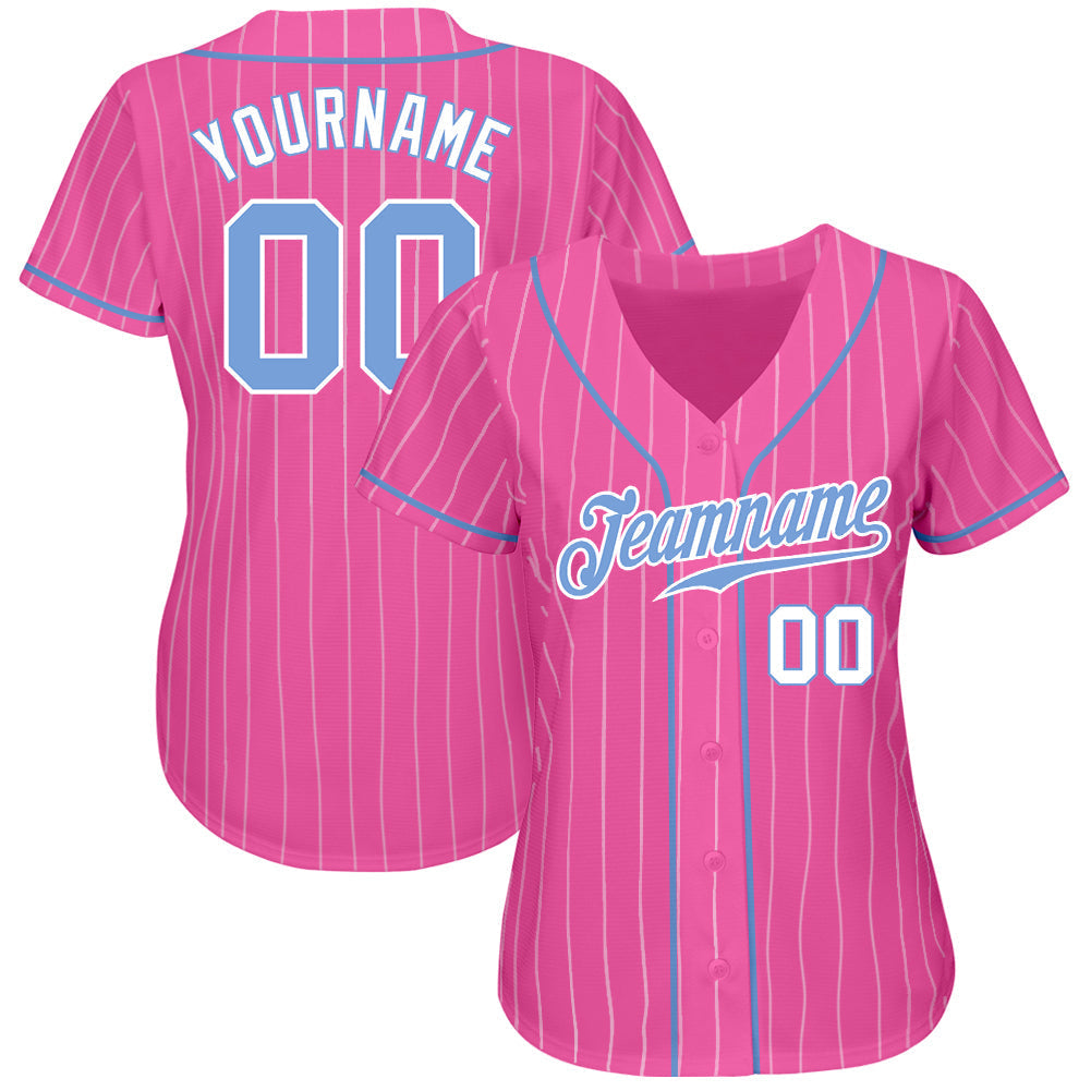 Custom Pink White Pinstripe Light Blue-White Authentic Baseball Jersey baseball jersey product view 3