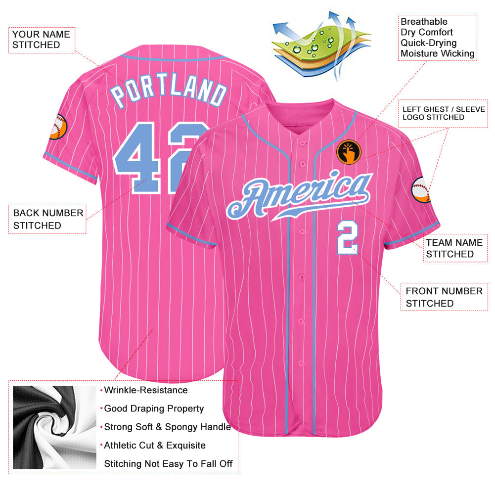 Custom Pink White Pinstripe Light Blue-White Authentic Baseball Jersey baseball jersey product view 4