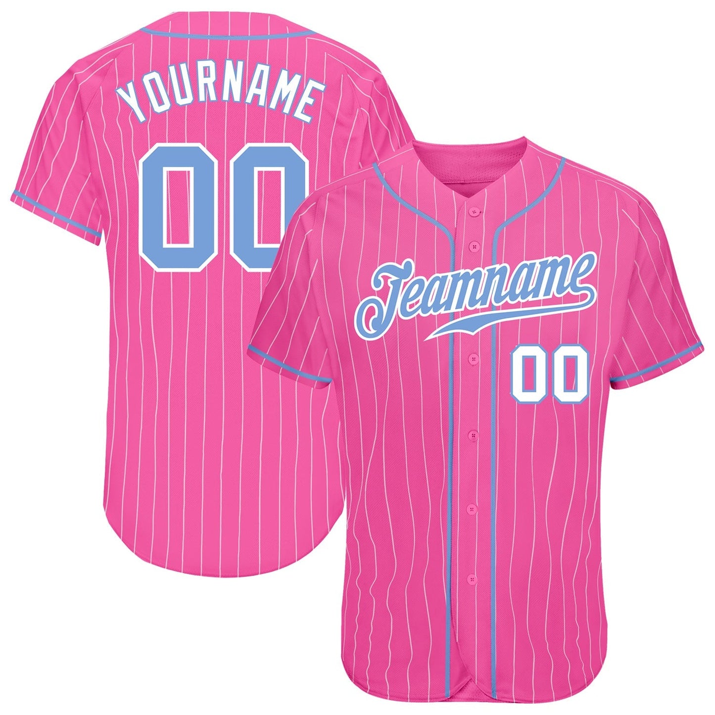 Custom Pink White Pinstripe Light Blue-White Authentic Baseball Jersey baseball jersey product view 1