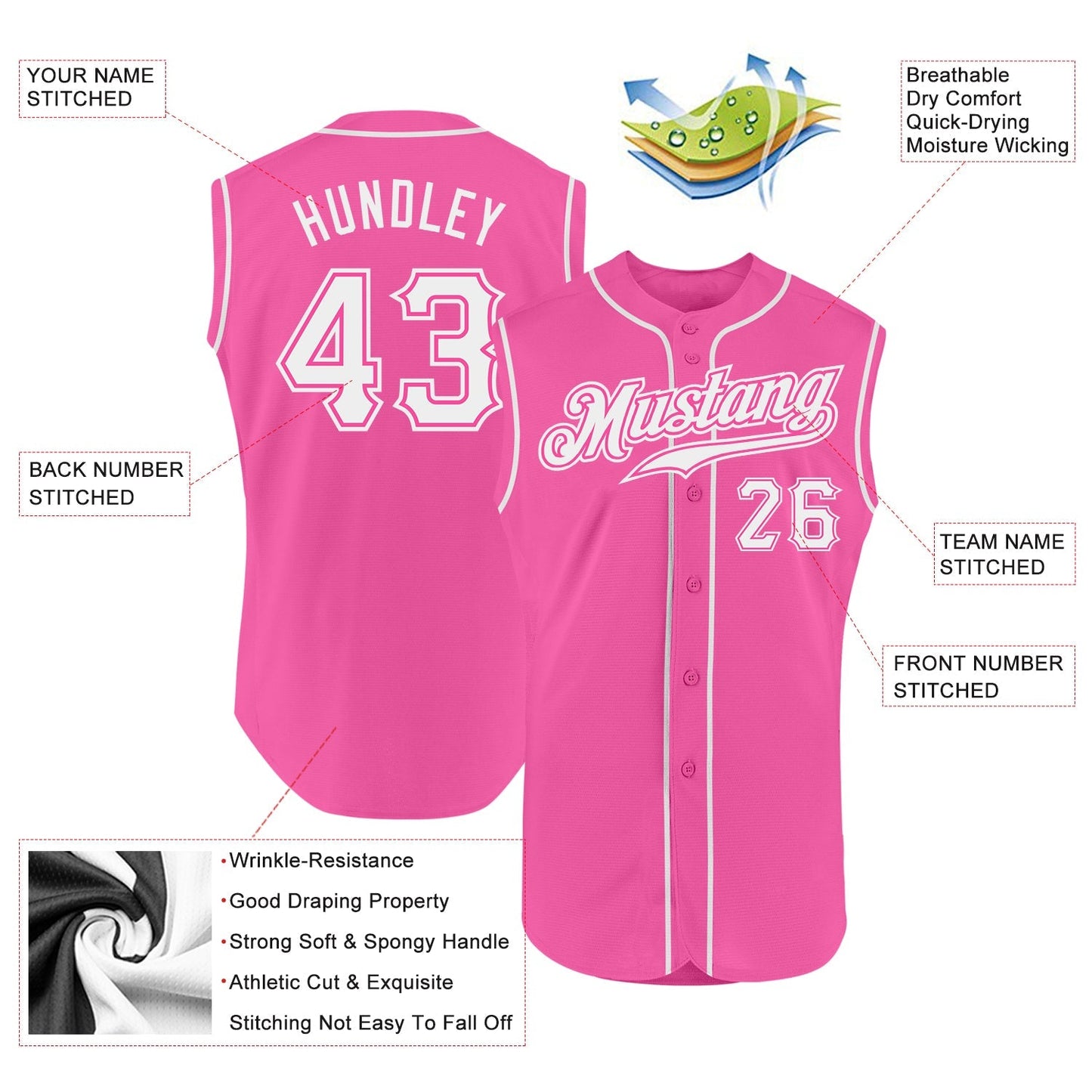 Custom Pink White Authentic Sleeveless Baseball Jersey baseball jersey product view 2