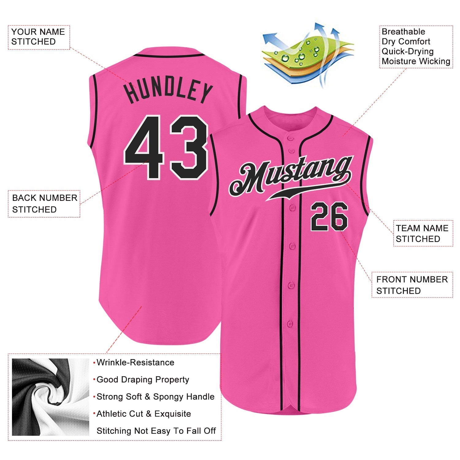 Custom Pink Black-White Authentic Sleeveless Baseball Jersey baseball jersey product view 2