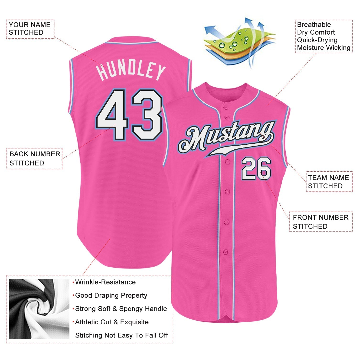 Custom Pink White-Light Blue Authentic Sleeveless Baseball Jersey baseball jersey product view 2