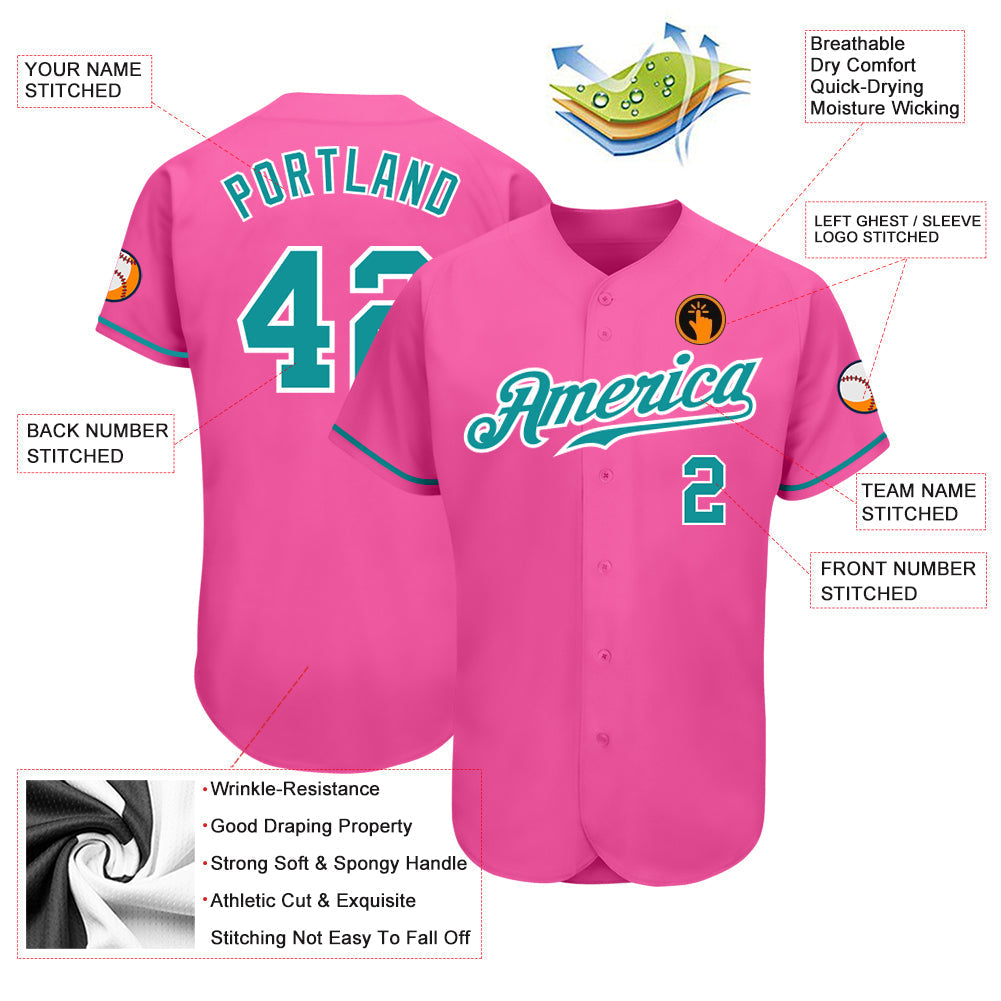 Custom Pink Teal-White Authentic Baseball Jersey baseball jersey product view 3