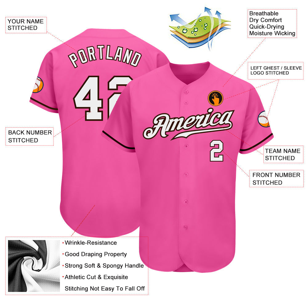 Custom Pink White-Brown Authentic Baseball Jersey baseball jersey product view 3