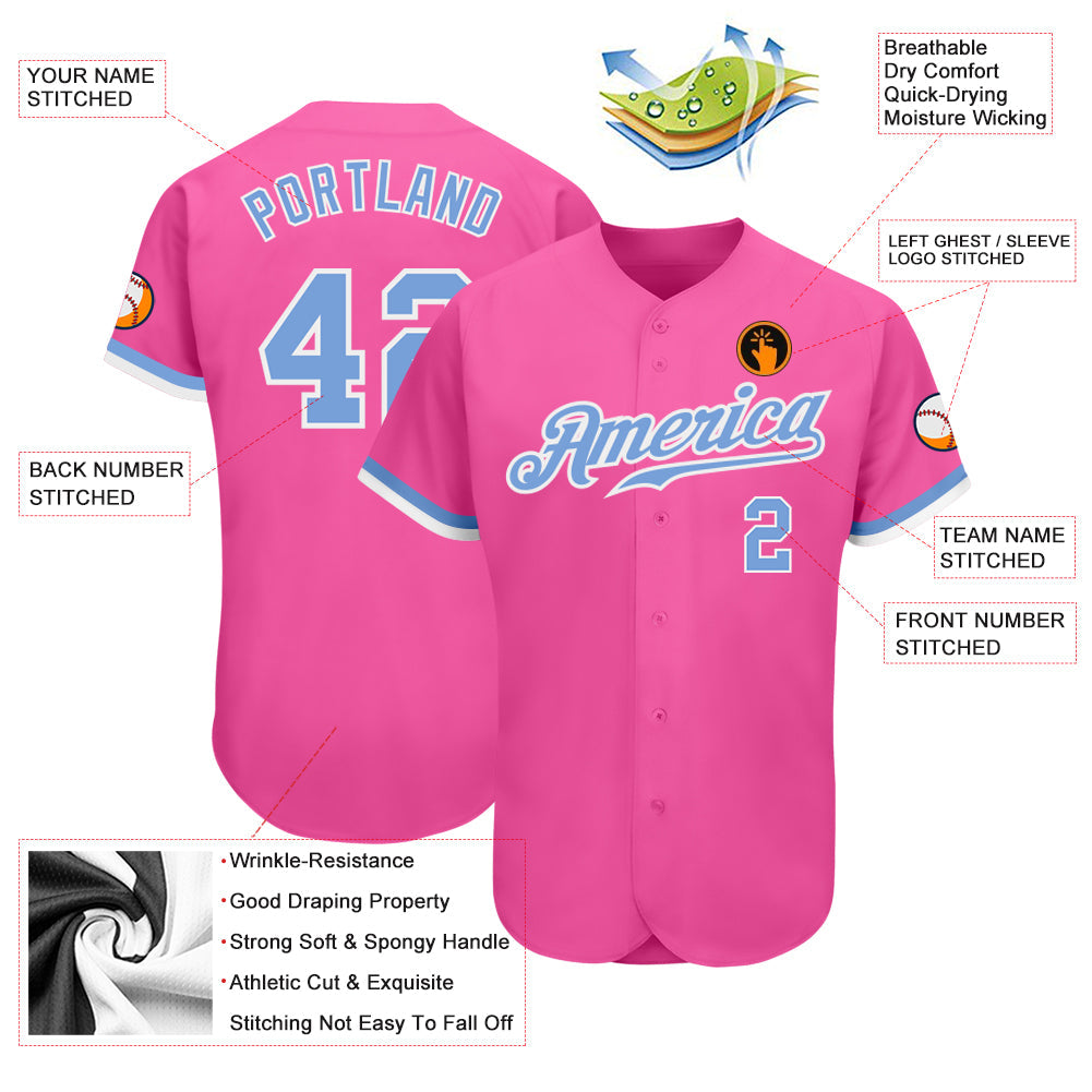 Custom Pink Light Blue-White Authentic Baseball Jersey baseball jersey product view 3