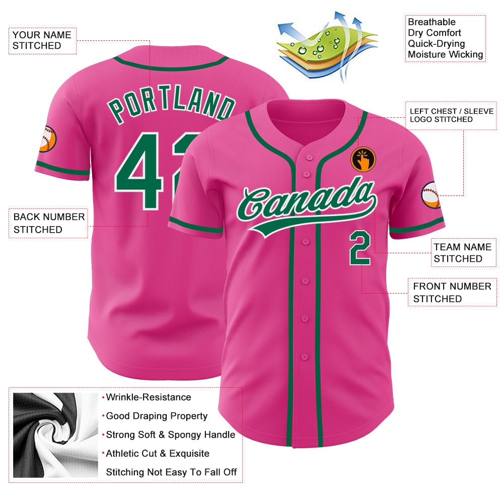 Custom Pink Kelly Green-White Authentic Baseball Jersey baseball jersey product view 3