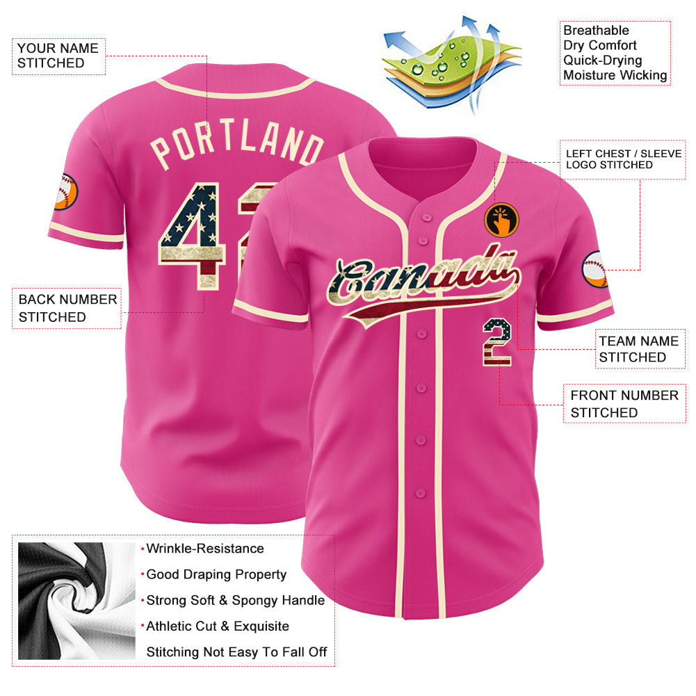 Custom Pink Vintage USA Flag-Cream Authentic Baseball Jersey baseball jersey product view 3