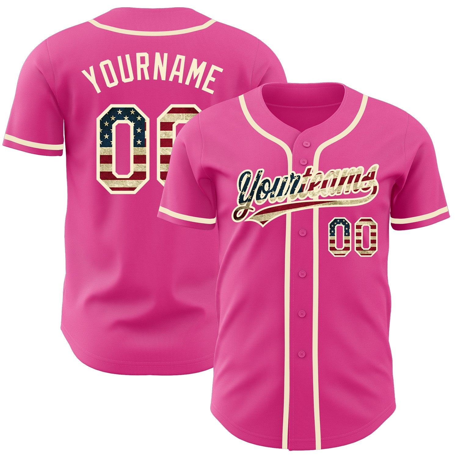 Custom Pink Vintage USA Flag-Cream Authentic Baseball Jersey baseball jersey product view 1