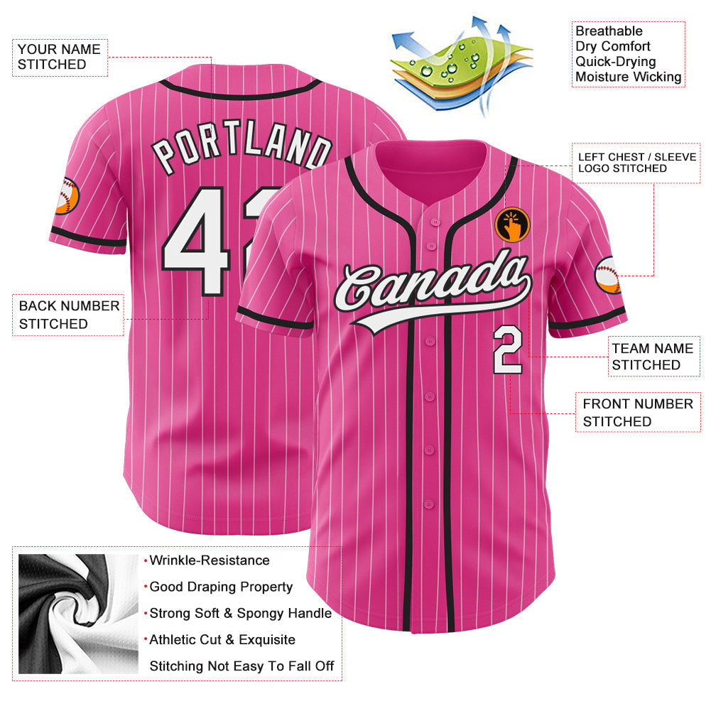 Custom Pink White Pinstripe White-Black Authentic Baseball Jersey baseball jersey product view 3
