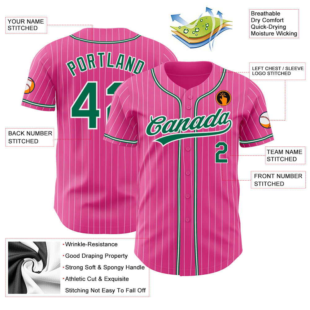 Custom Pink White Pinstripe Kelly Green Authentic Baseball Jersey baseball jersey product view 3