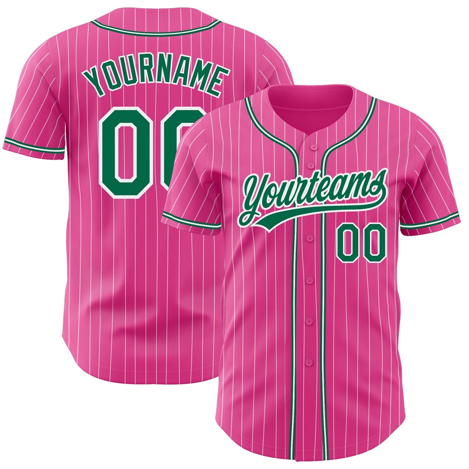 Custom Pink White Pinstripe Kelly Green Authentic Baseball Jersey baseball jersey product view 1
