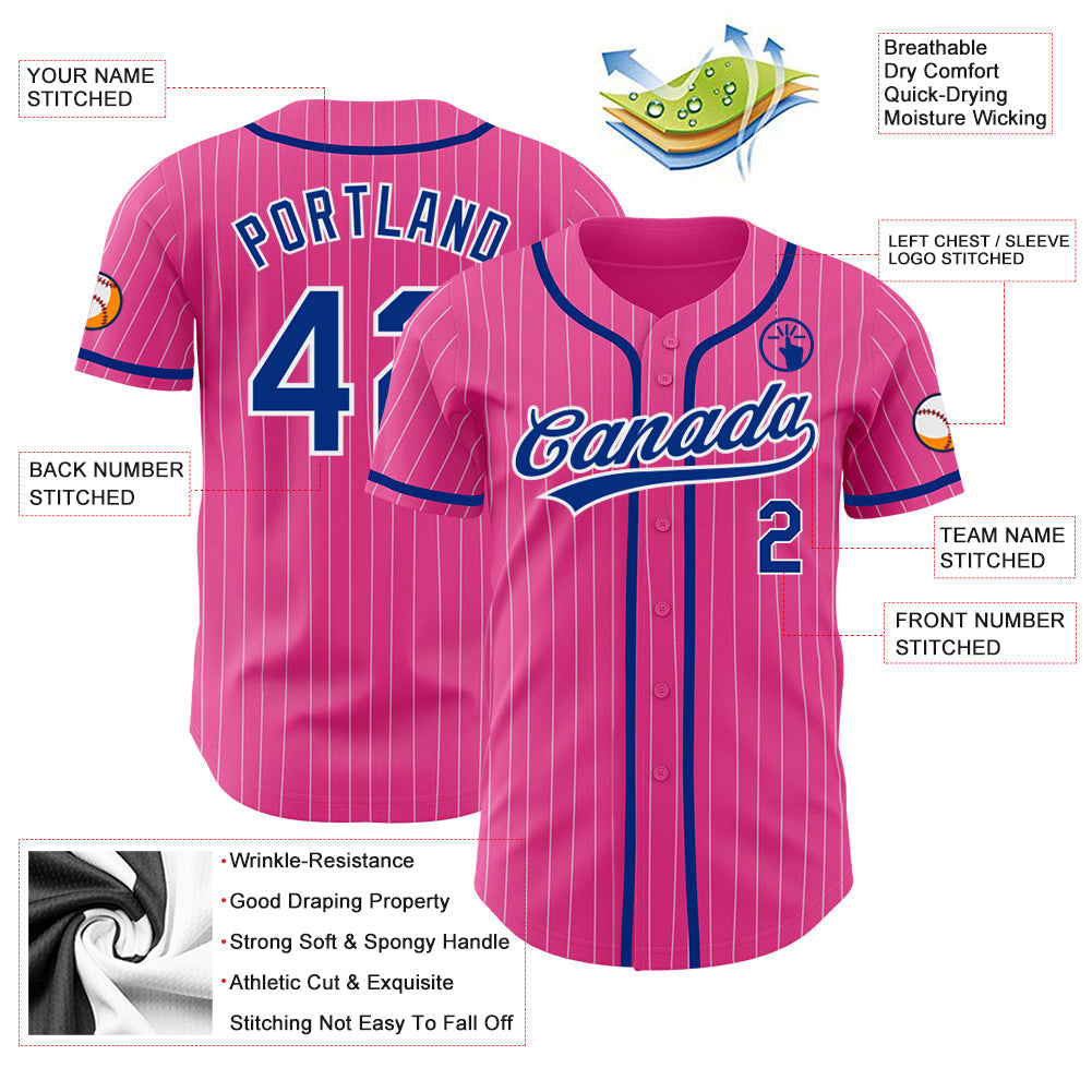 Custom Pink White Pinstripe Royal Authentic Baseball Jersey baseball jersey product view 3