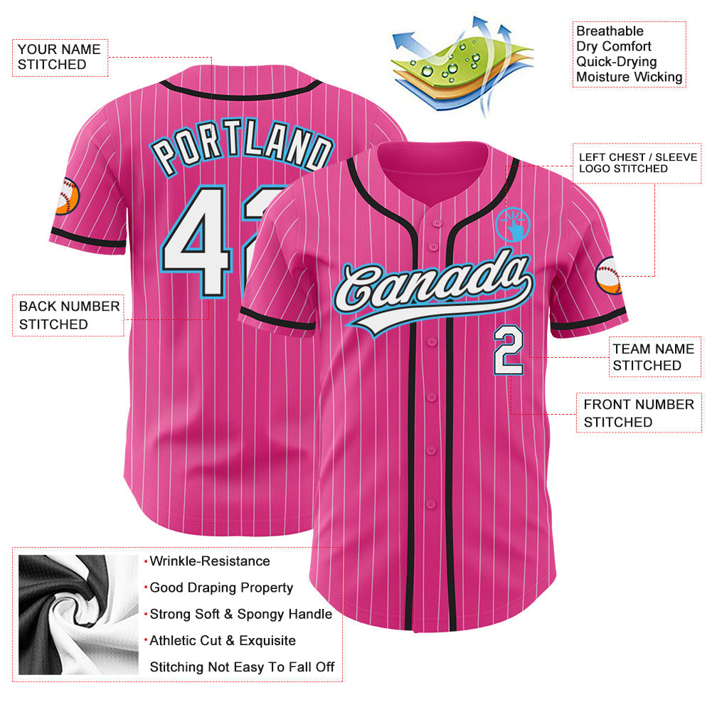 Custom Pink White Pinstripe Sky Blue Authentic Baseball Jersey baseball jersey product view 3