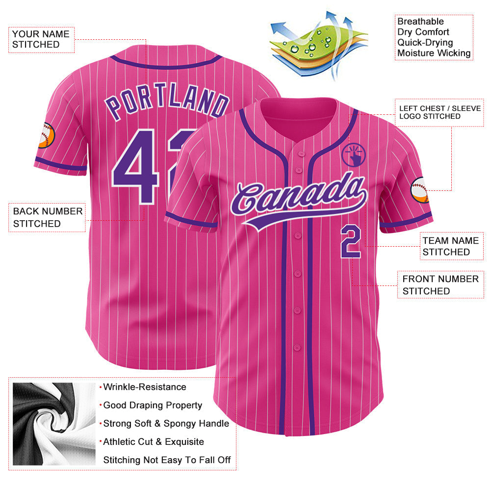 Custom Pink White Pinstripe Purple Authentic Baseball Jersey baseball jersey product view 3