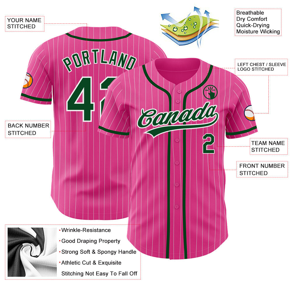 Custom Pink White Pinstripe Green Authentic Baseball Jersey baseball jersey product view 3