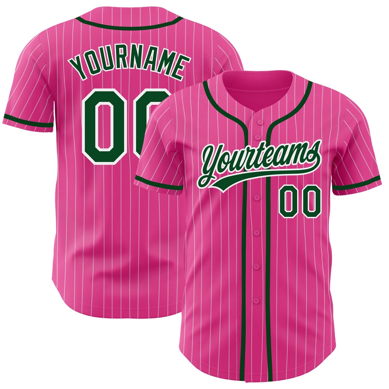 Custom Pink White Pinstripe Green Authentic Baseball Jersey baseball jersey product view 1