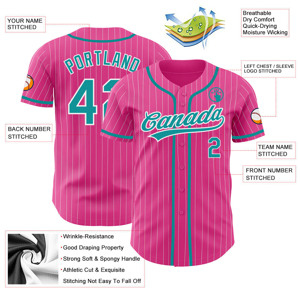Custom Pink White Pinstripe Teal Authentic Baseball Jersey baseball jersey product view 3