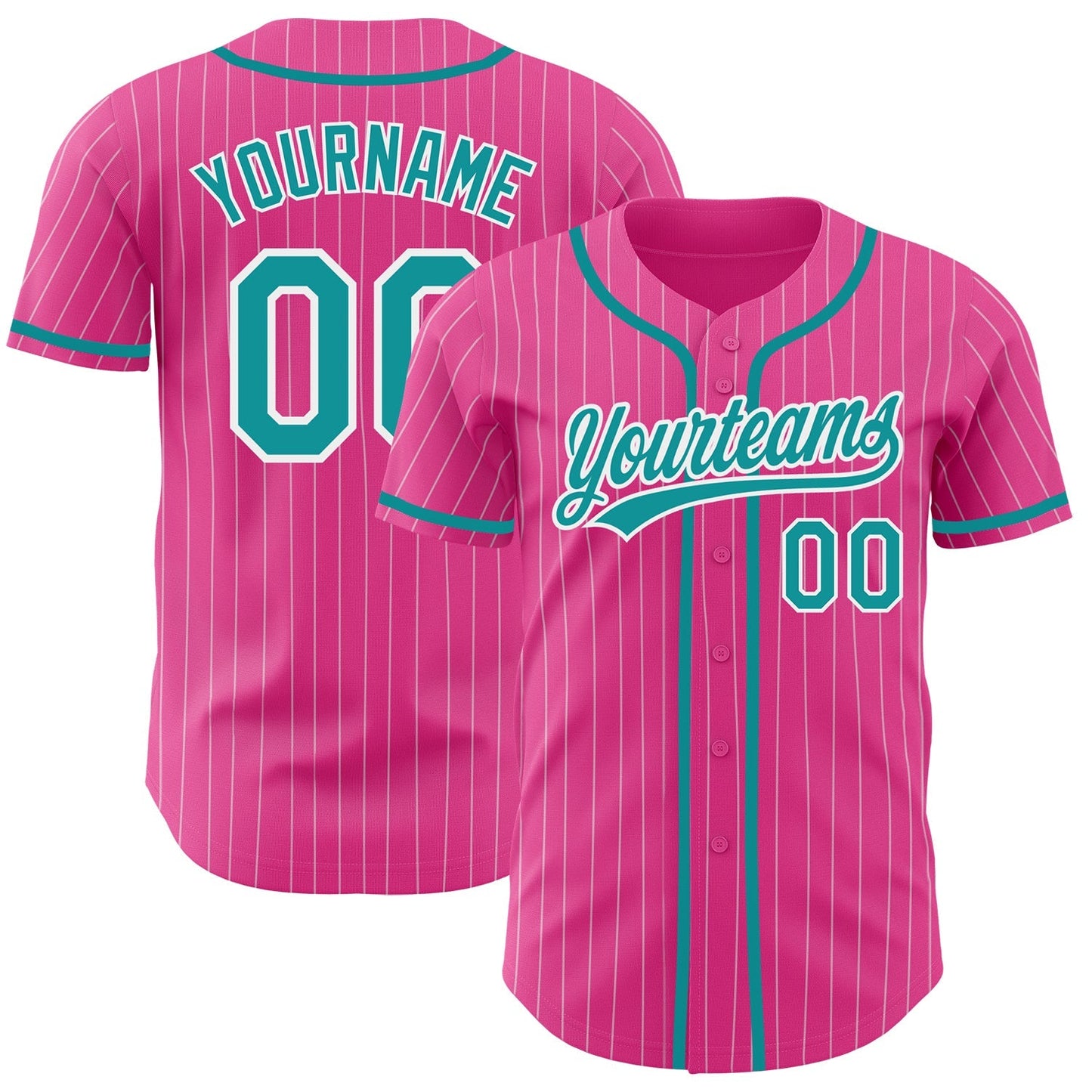 Custom Pink White Pinstripe Teal Authentic Baseball Jersey baseball jersey product view 1