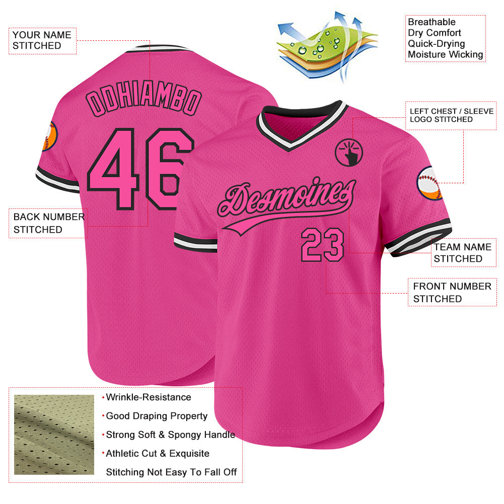 Custom Pink Black-White Authentic Throwback Baseball Jersey baseball jersey product view 3