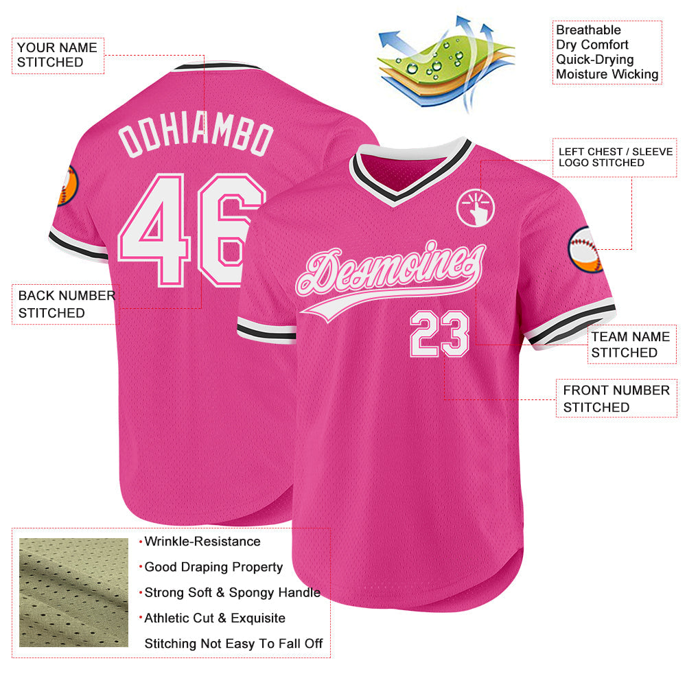 Custom Pink White-Black Authentic Throwback Baseball Jersey baseball jersey product view 3