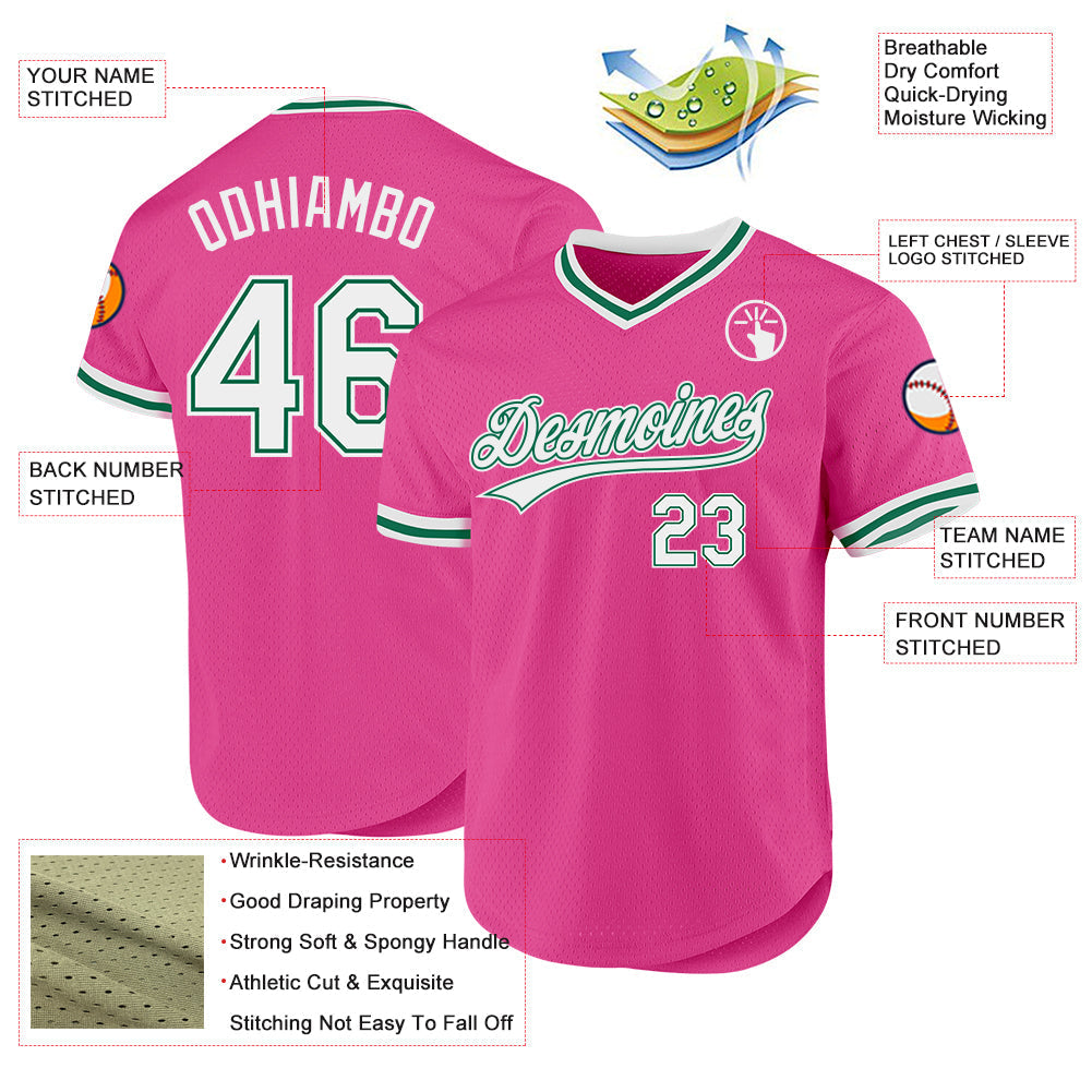 Custom Pink White-Kelly Green Authentic Throwback Baseball Jersey baseball jersey product view 3