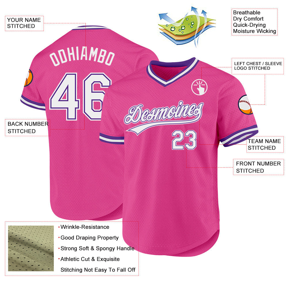 Custom Pink White-Purple Authentic Throwback Baseball Jersey baseball jersey product view 3