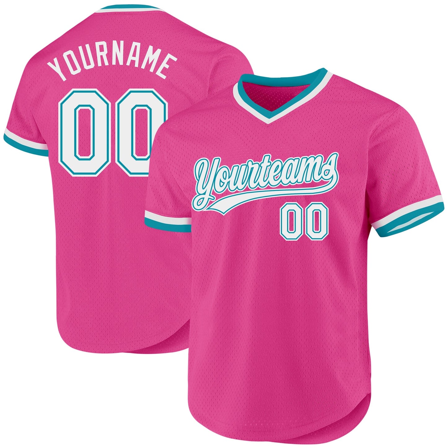 Custom Pink White-Teal Authentic Throwback Baseball Jersey baseball jersey product view 1