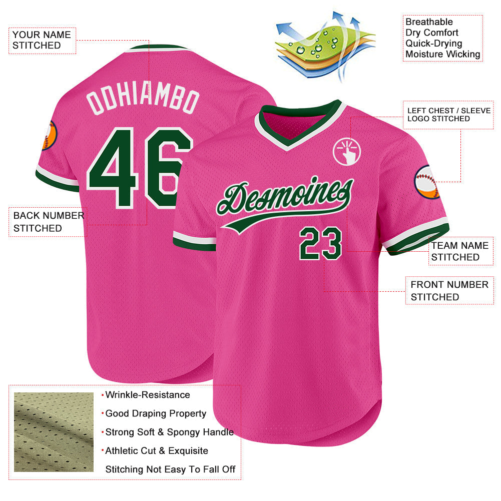 Custom Pink Green-White Authentic Throwback Baseball Jersey baseball jersey product view 3