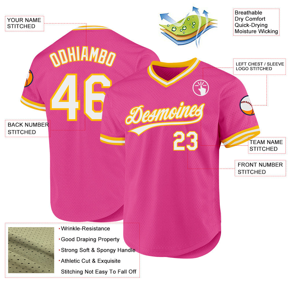 Custom Pink White-Gold Authentic Throwback Baseball Jersey baseball jersey product view 3