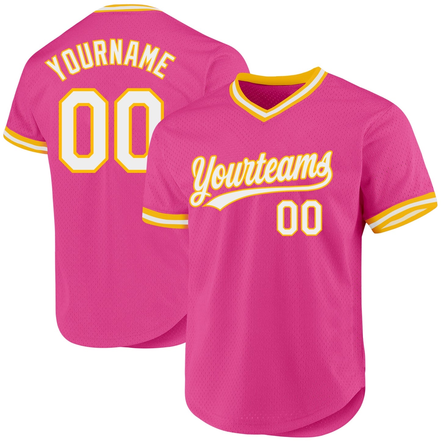 Custom Pink White-Gold Authentic Throwback Baseball Jersey baseball jersey product view 1