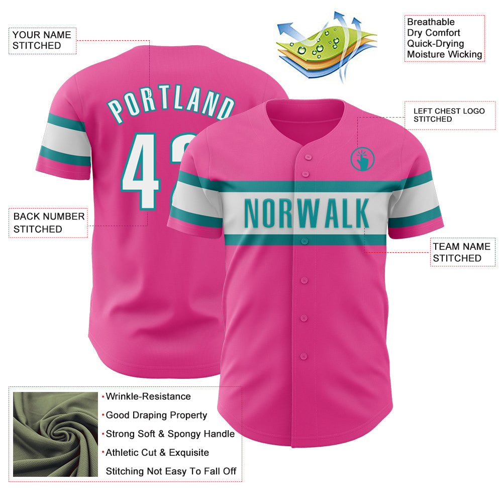 Custom Pink White-Teal Authentic Baseball Jersey baseball jersey product view 3