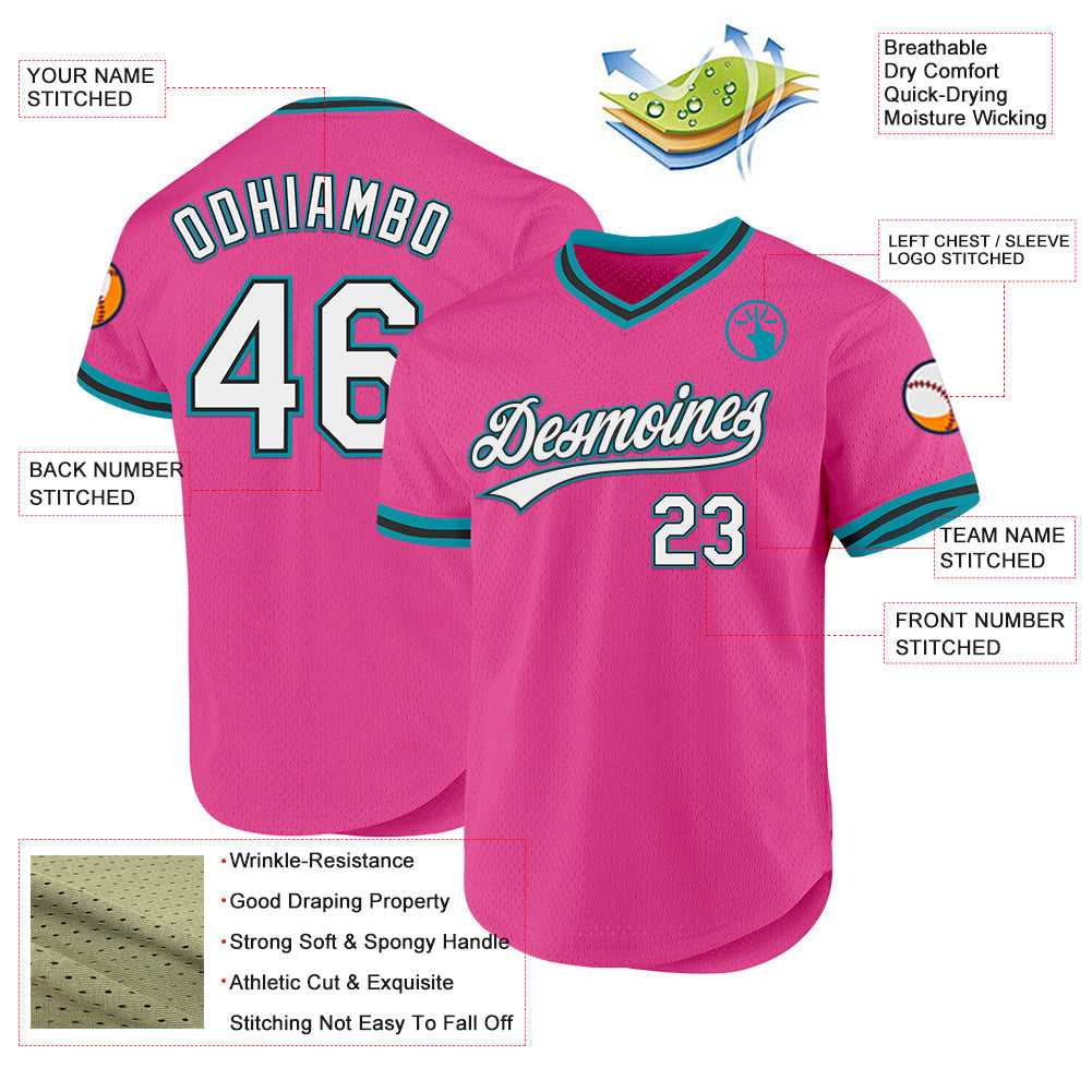 Custom Pink Black-Teal Authentic Throwback Baseball Jersey baseball jersey product view 3